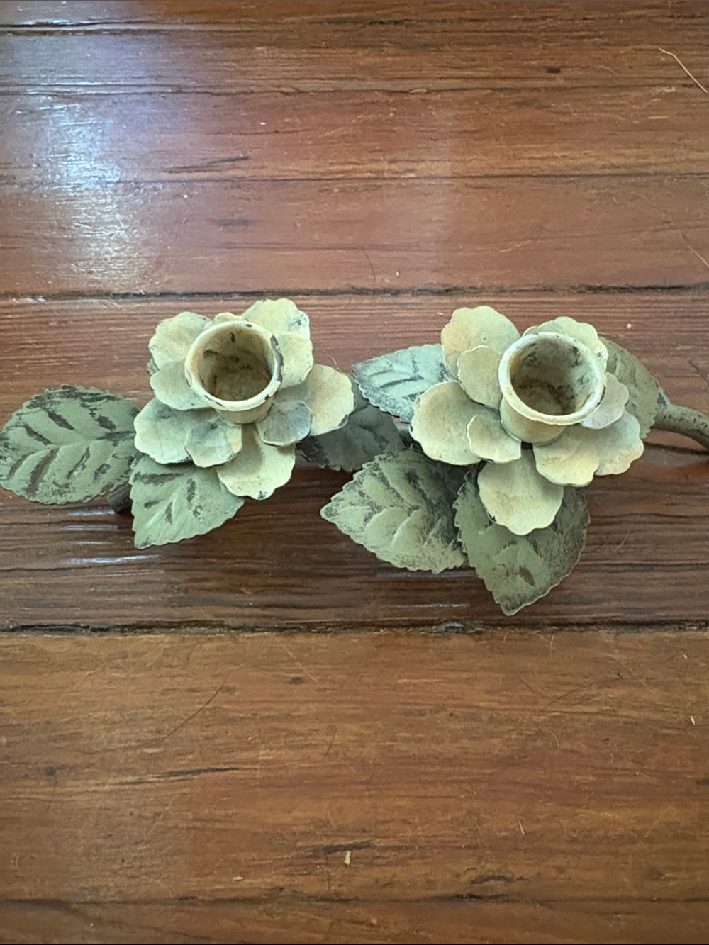 Decorative Green and Dusty Rose Floral Metal Candlestick- Home Accents
